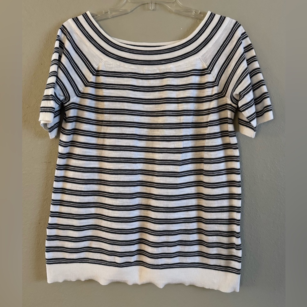 Loft Women's Black & White Striped Boat Neck Short Sleeve Top Size Large
